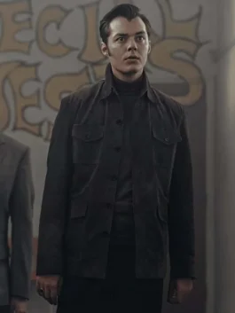 A men's grey cotton field jacket with four front flap pockets and a button-up closure.