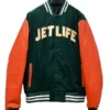Jet Life premium luxury streetwear varsity jacket in green/orange, a limited edition wool jacket with a button front closure.