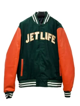 Jet Life premium luxury streetwear varsity jacket in green/orange, a limited edition wool jacket with a button front closure.