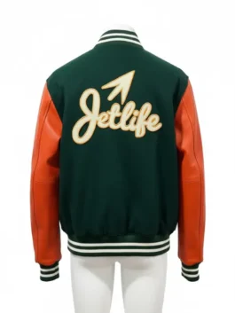 Jet Life collectors limited edition jacket back view on a mannequin, showcasing the chenille logo and quilted satin lining.