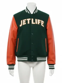 Jet Life Varsity Jacket Limited Edition on a mannequin, featuring leather accented pockets and a green/orange color scheme.