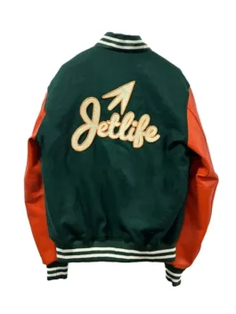 Jet Life Limited Edition wool varsity jacket [GREEN/ORANGE] back view, featuring a chain stitched chenille logo and lamb leather sleeves.