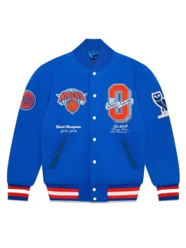 OVO Knicks Blue Varsity Jacket front