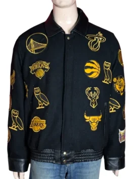 Black wool varsity jacket with gold basketball team iconography.