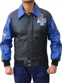 Front view of a Scooby Doo leather jacket adult style with a blue collar, chest embroidery, and snap-button closure on a high-quality scooby doo jacket.