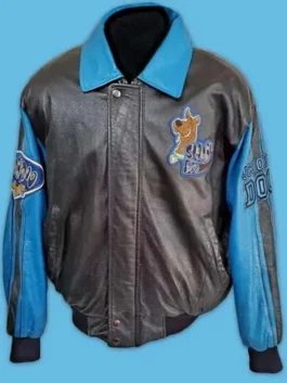Front view of a Scooby Doo leather jacket with blue sleeves and collar, featuring a small Scooby character patch on the chest and a button-up storm flap.