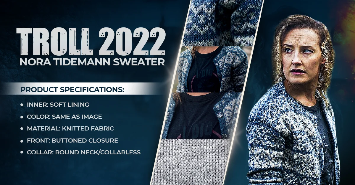 Product infographic for the Troll 2022 Nora Tidemann sweater in blue, highlighting the knitted material, soft inner lining, and button-up closure for fans.