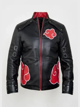 Women's Naruto Akatsuki black leather jacket featuring signature red cloud embroidery and high collar.