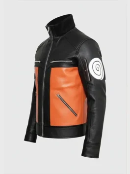 Women's Naruto Uzumaki leather jacket in black and orange with a sleek high collar.
