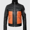 Side profile of a black and orange leather biker jacket inspired by Naruto Uzumaki.