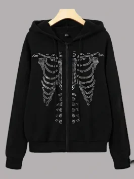 Black zip-up hoodie featuring a sparkling rhinestone skeleton ribcage design.