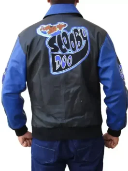 Back of a Scooby Doo leather jacket for adults in black and blue, featuring a large embroidered character logo and premium scooby doo jacket branding.
