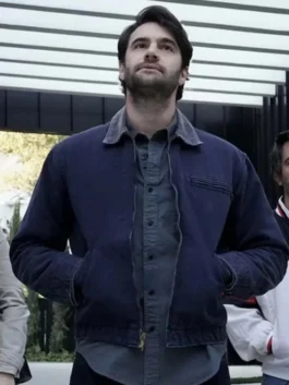Kaley Cuoco’s husband Matt Pierce (Tom Bateman) wearing a navy blue cotton zip-up jacket in Based on a True Story.