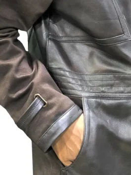 Side view profile of the Kansas City Chiefs Black Bomber Jacket highlights the relaxed fit.