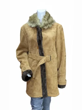 Front view of the Superman and Lois coat worn by Lana Lang, featuring a button closure, waist belt, and dark grey fur lining on the lapel and cuffs.