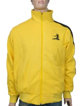 A full shot of the yellow Game Of Death Bruce Lee Tracksuit by America Jackets.