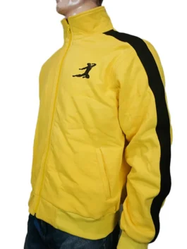 Front view of the yellow Game Of Death Bruce Lee Tracksuit with black stripes from America Jackets.