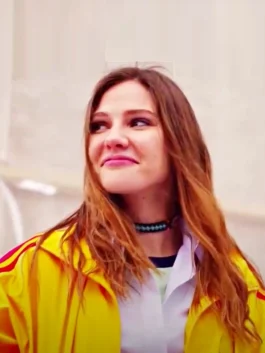 Detailed view of the Eda Love 101 jacket showing the high-quality fabric, smooth zipper closure, and vintage sports-inspired fit.