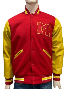 Close-up of the Michael Jackson Thriller jacket showing the snap button closure, yellow leather-style sleeves, and pocket detailing.