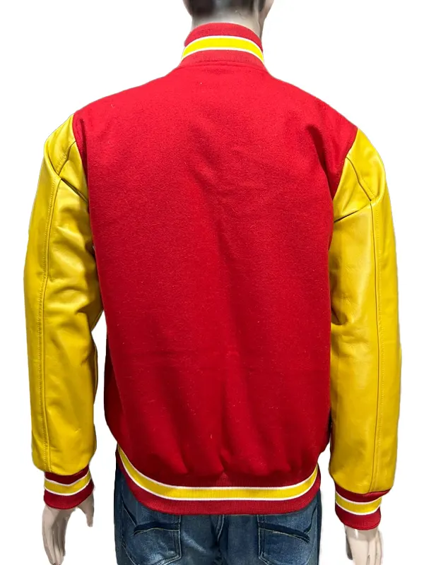 : A man wearing the iconic red and yellow Michael Jackson Thriller varsity jacket featuring the large yellow 'M' logo on the chest.