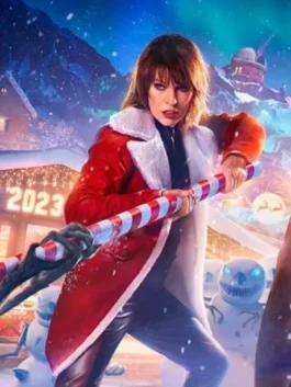 Milla Jovovich wearing the World of Tanks Holiday Ops 2023 red shearling coat with white fur lining.