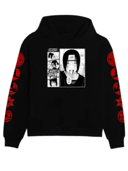 Naruto hoodie featuring Itachi and Sasuke manga graphics on the front and iconic red eye symbols along the sleeves.