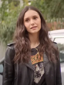 Handcrafted black leather motorcycle jacket inspired by Nina Dobrev in The OutLaws 2023