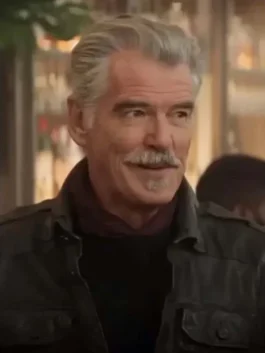 The Out-Laws 2023 Pierce Brosnan black leather movie jacket front view.