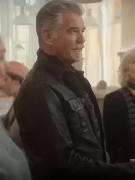 Pierce Brosnan wearing a black leather jacket from the movie The Out-Laws.