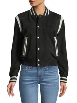 Maya Bishop inspired bomber jacket in a sleek varsity design with contrast sleeves and rib-knitted cuffs.