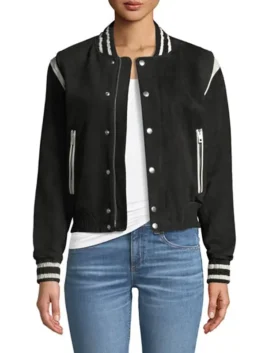 Detailed view of a women's bomber jacket with high-quality material and authentic varsity aesthetics.