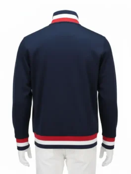 Back view of the Team USA track jacket for sale. Navy blue Team USA track suit jacket with red and white trim.