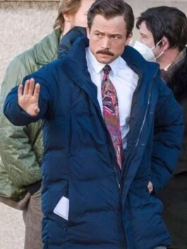Tetris 2023 Taron Egerton Blue Puffer Jacket