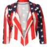 Women's cropped jacket with a bold stars and stripes patriotic print and a modern open-front design.