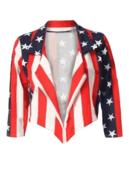 Women's cropped jacket with a bold stars and stripes patriotic print and a modern open-front design.