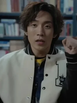 Close-up of the Woo-jin Bloodhounds varsity jacket with white sleeves and "B" patch.