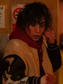 Close-up of the Woo-jin Bloodhounds varsity jacket with white sleeves and "B" patch.