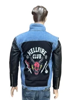 Mens Hellfire Club Eddie Munson Jacket featuring a classic blue denim body and professional tailored leather sleeves.