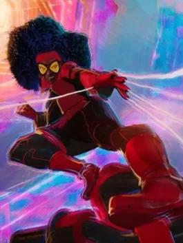 Across the Spider-Verse Jessica Drew Jacket featuring a bold red texture and professional high collar design.