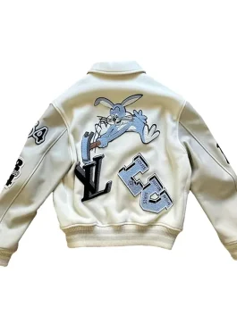 Back view of the Louis Vuitton FW22 varsity jacket showcasing Bugs Bunny LV embroidery and iconic Louis V varsity patches.