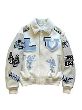Front side of Louis Vuitton FW22 varsity jacket with LV bunny patches, Louis V Paris embroidery, and luxury varsity detailing.
