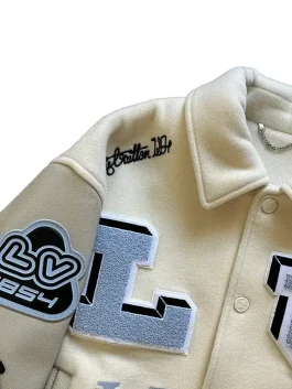 LV Bugs Bunny varsity jacket crafted with Louis Vuitton branding and unique bunny motif from the Louis Vuitton FW22 varsity collection.