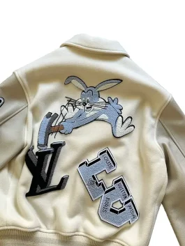 LV bunny varsity jacket featuring Bugs Bunny patchwork, Louis Vuitton letters, and premium wool-leather blend varsity style.