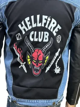 Mens Hellfire Club Eddie Munson Jacket back view showcasing the two tone design and professional leather paneling.