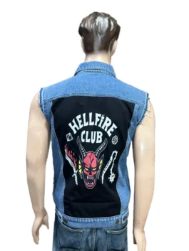Mens Hellfire Club Eddie Munson Jacket vest style back view with detailed embroidery and professional sleeveless cut.