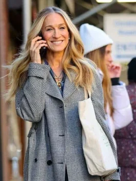 Carrie Bradshaw And Just Like That S02 Grey Check Coat front