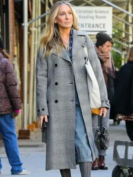 Carrie Bradshaw And Just Like That S02 Grey Check Coat side pose