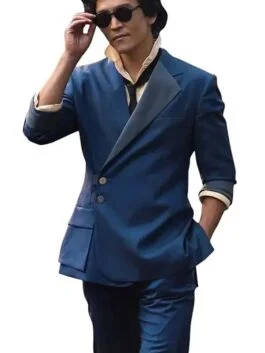 John Cho wearing Spike Spiegel Cowboy Bebop Blue Suit inspired by the Netflix live-action series