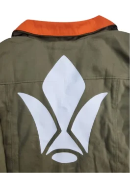 Rear view of the Tekkadan Iron Blooded Orphans Jacket featuring the iconic white flower emblem.