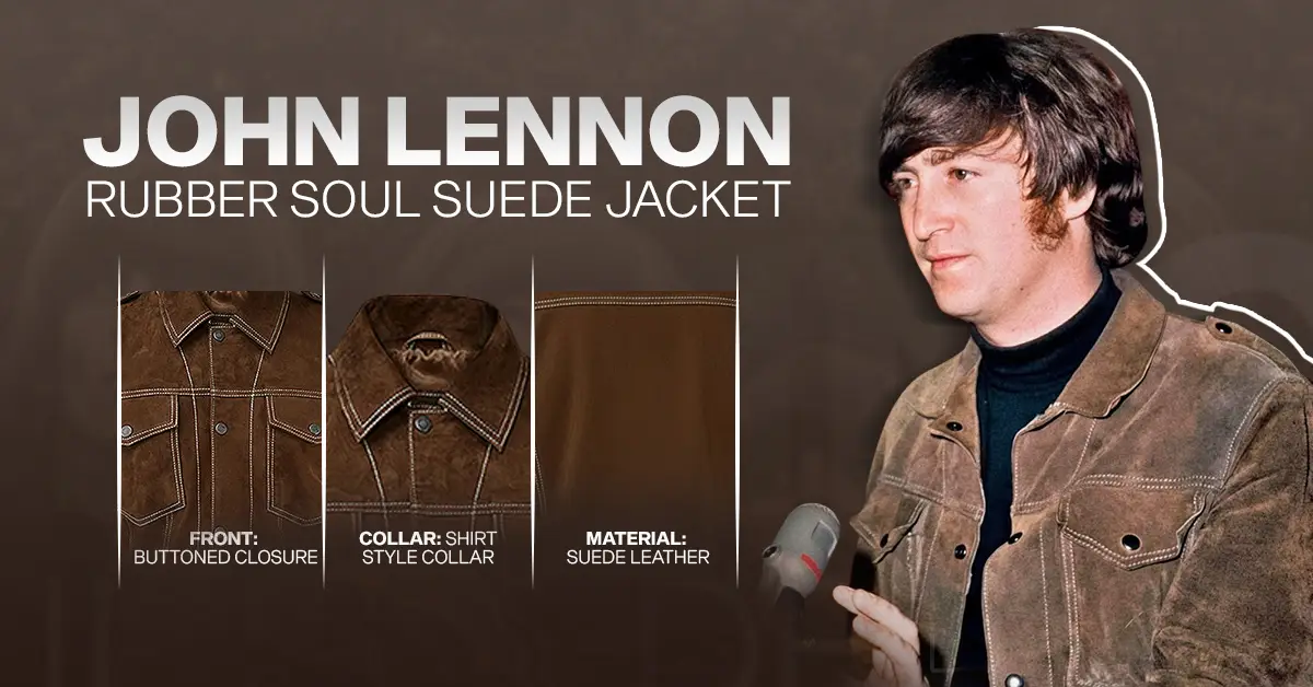 John Lennon Rubber Soul Jacket in brown suede leather featuring a shirt style collar, buttoned closure, and white stitching detail for a vintage look.